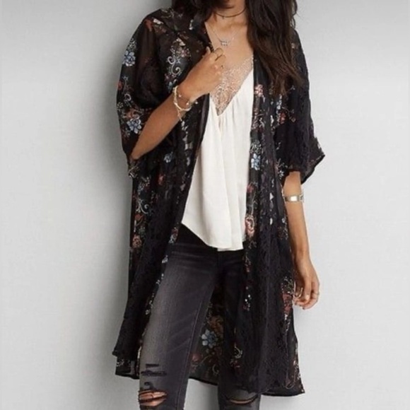 American Eagle Outfitters Tops - AE Floral Black Sheer Lace Cardigan